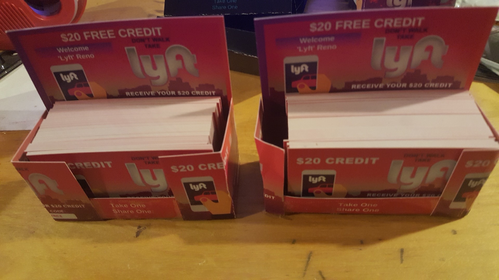 Lyft Reno $20 free credit counter display boxes ready for placement