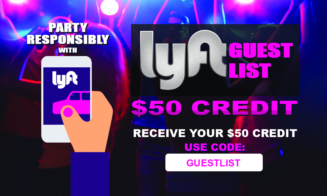 Lyft Guest List promo card design offering $50 credit with code GUESTLIST