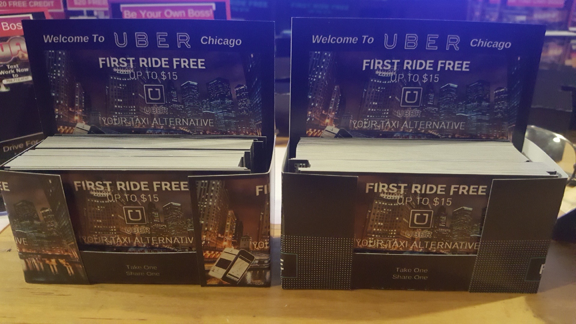 Custom Uber Chicago First Ride Free counter display boxes filled with referral cards