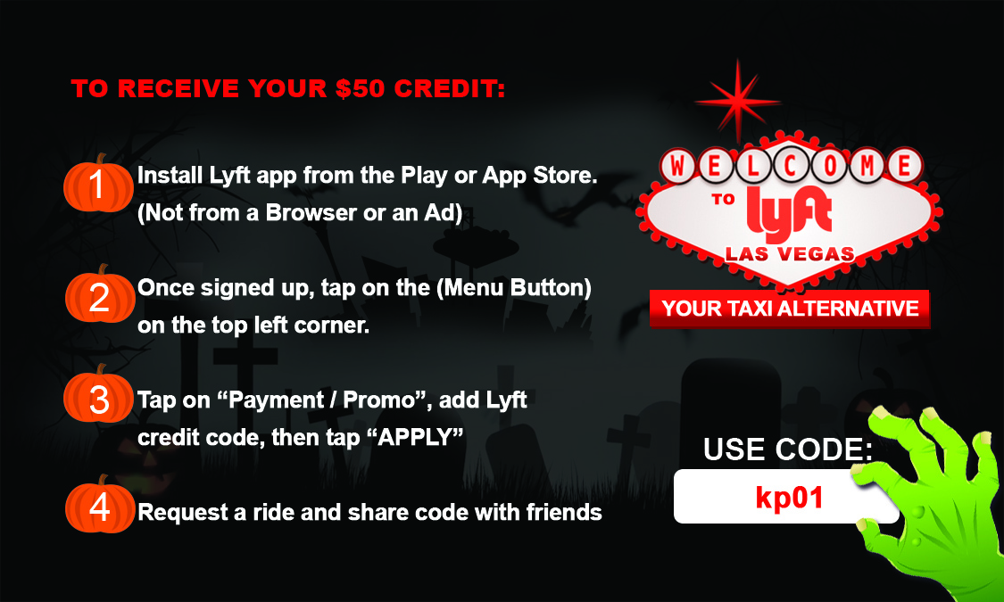Back of Halloween Lyft card with four-step instructions and Las Vegas welcome sign art