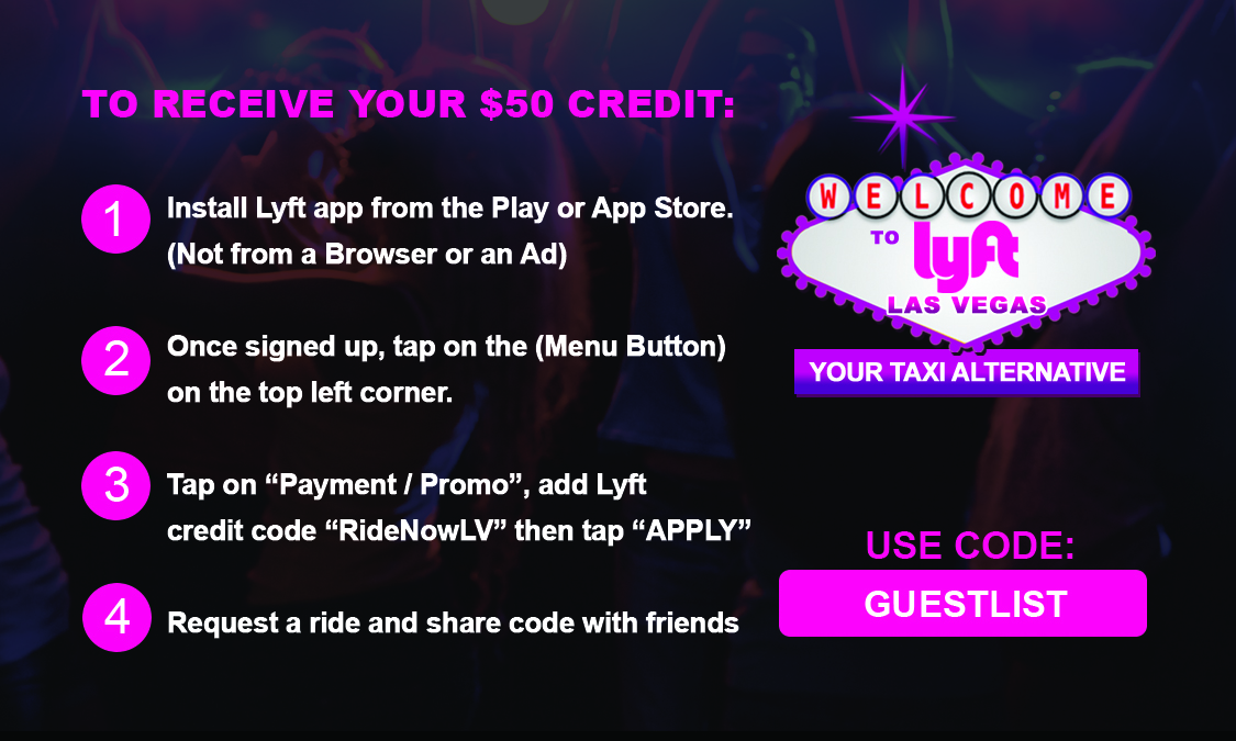 Back of Lyft Guest List card with four-step redemption instructions and Las Vegas welcome sign artwork