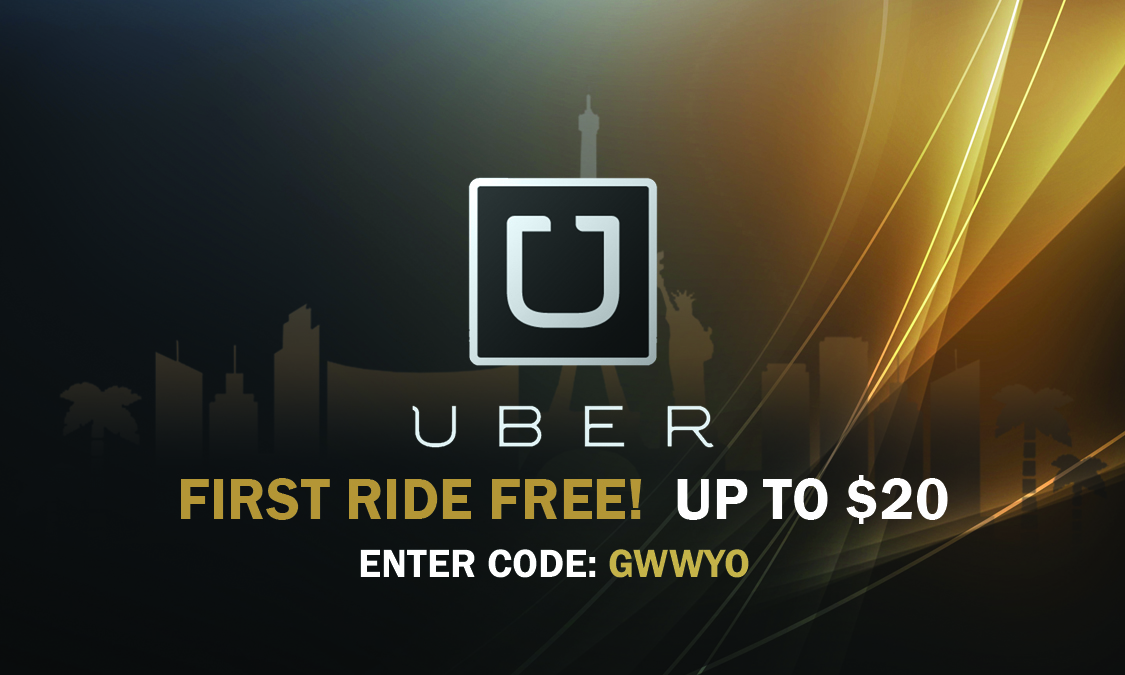 Front of gold Uber First Ride Free card offering up to $20 with code GWWYO