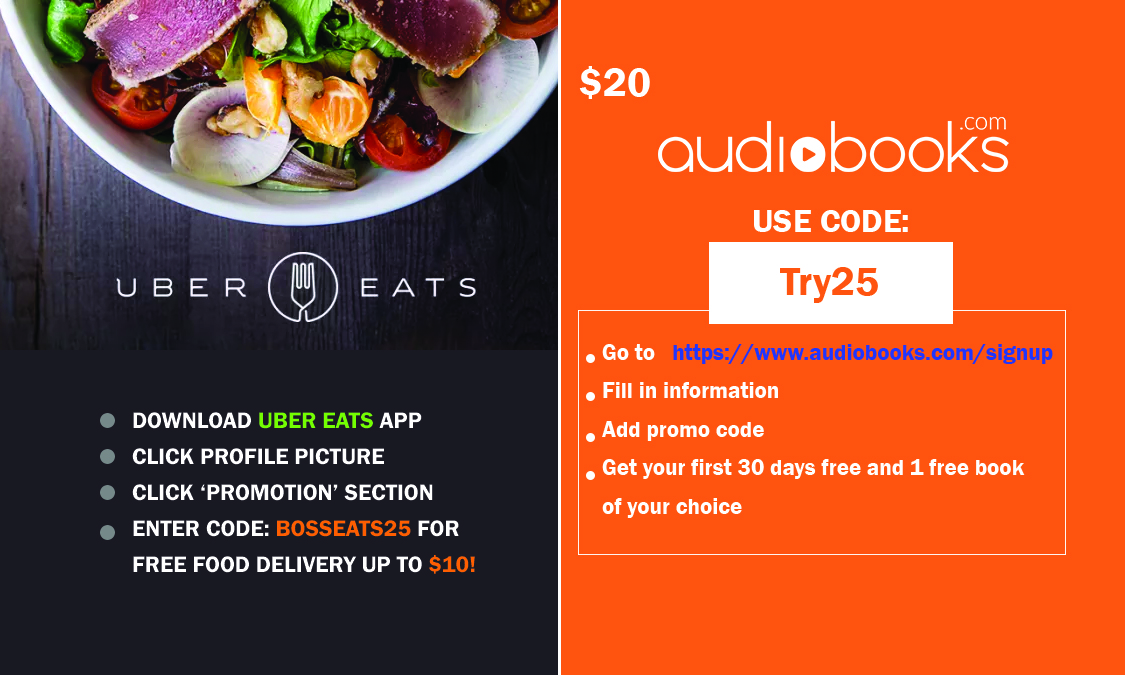 Cross-brand card pairing Uber Eats free delivery with an audiobooks.com free trial offer