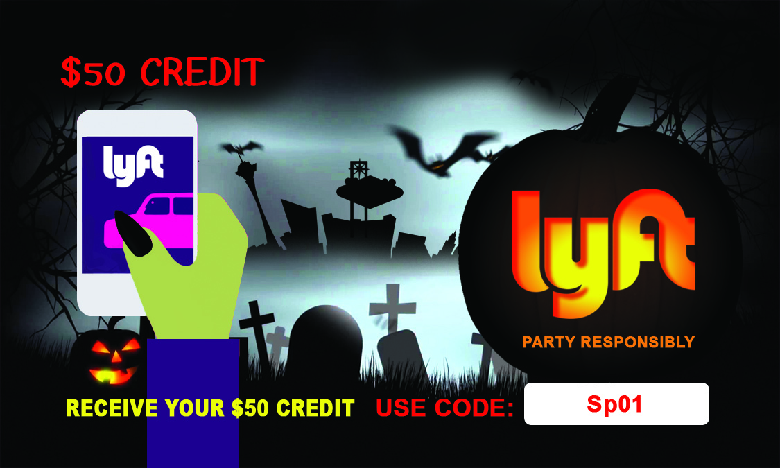 Front of Halloween-themed Lyft Party Responsibly card offering $50 credit