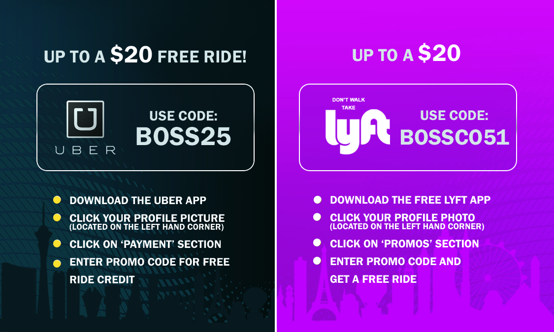 Dual-sided Uber and Lyft promo card design offering up to $20 free ride with codes BOSS25 and BOSSC051