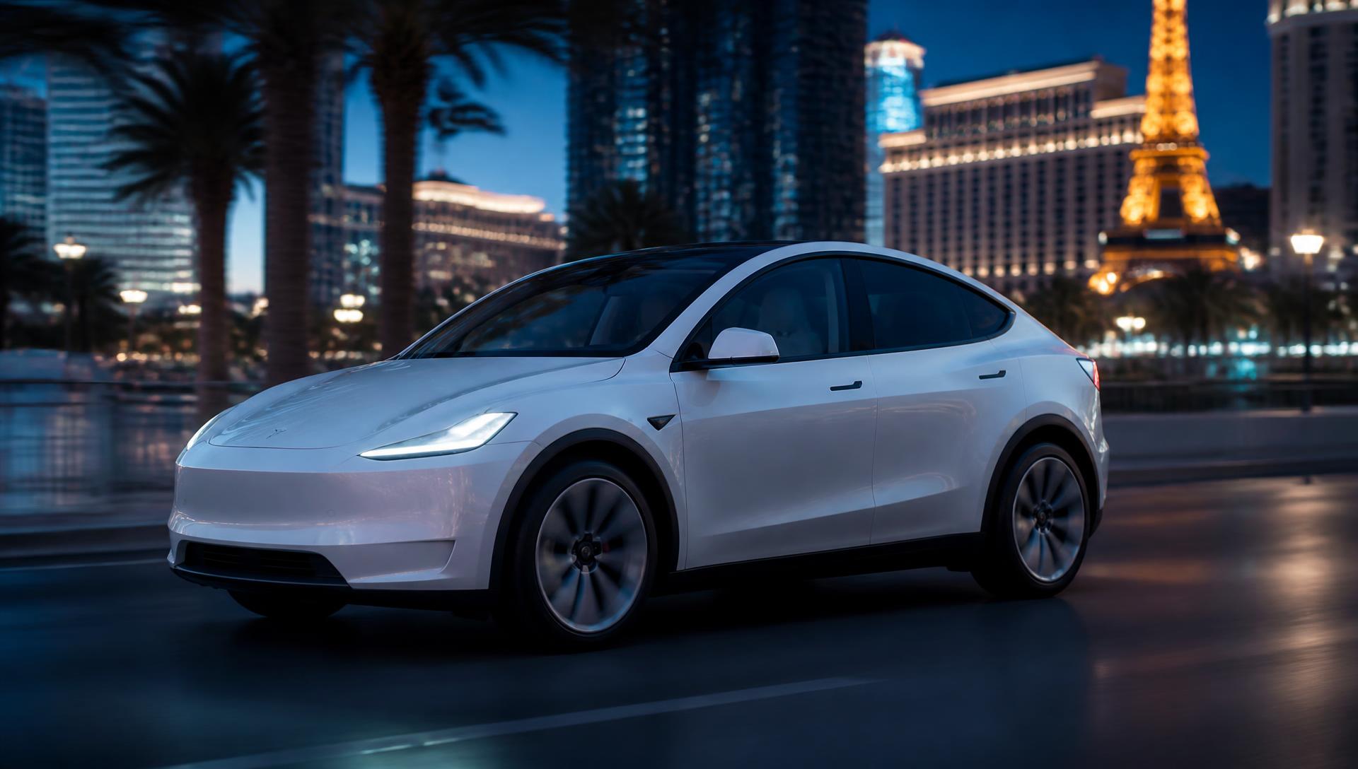 Electric rideshare vehicle on a city street at dusk